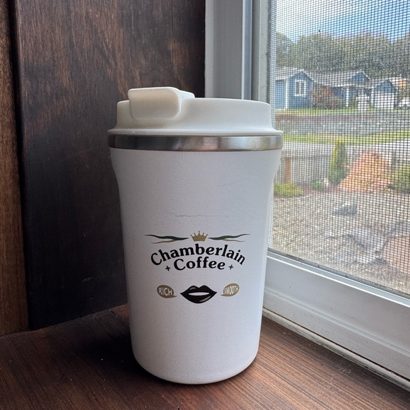 Chamberlain Coffee White Travel Mug ORIGINAL LOGO - rare discontinued